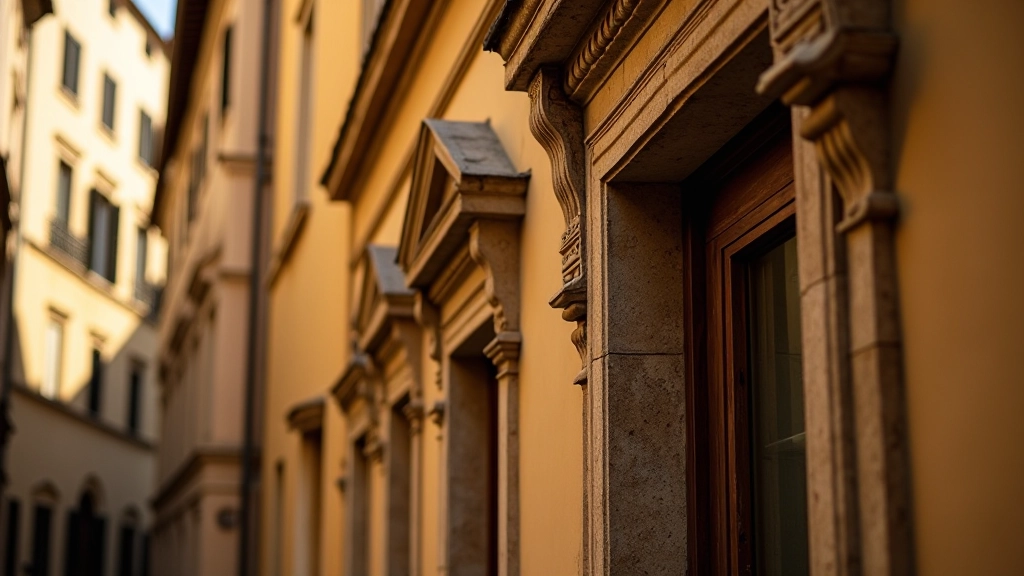 Dettaglio architettonico di una facciata rinascimentale nel quartiere Oltrarno, con finestre caratteristiche e decorazioni in pietra