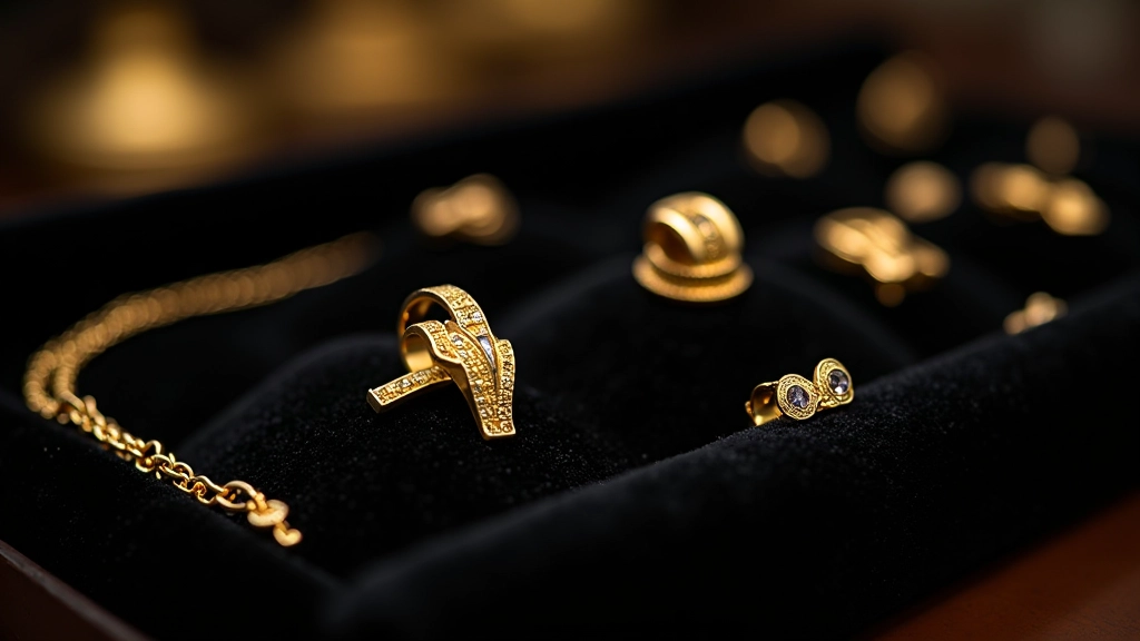 Particolare di gioielli d'oro finiti esposti su una superficie di velluto nero, mostrando la qualità artigianale e i dettagli