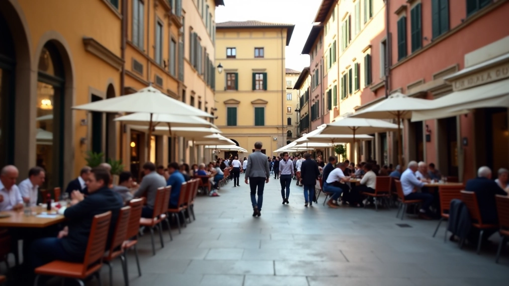 Piazza fiorentina con caffè all'aperto, persone sedute, architettura rinascimentale sullo sfondo, luce naturale del pomeriggio