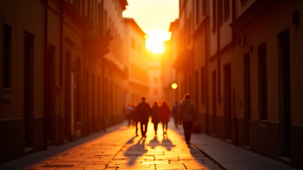 Tramonto nell'Oltrarno con persone che camminano tra le viuzze, luce dorata che illumina le facciate storiche