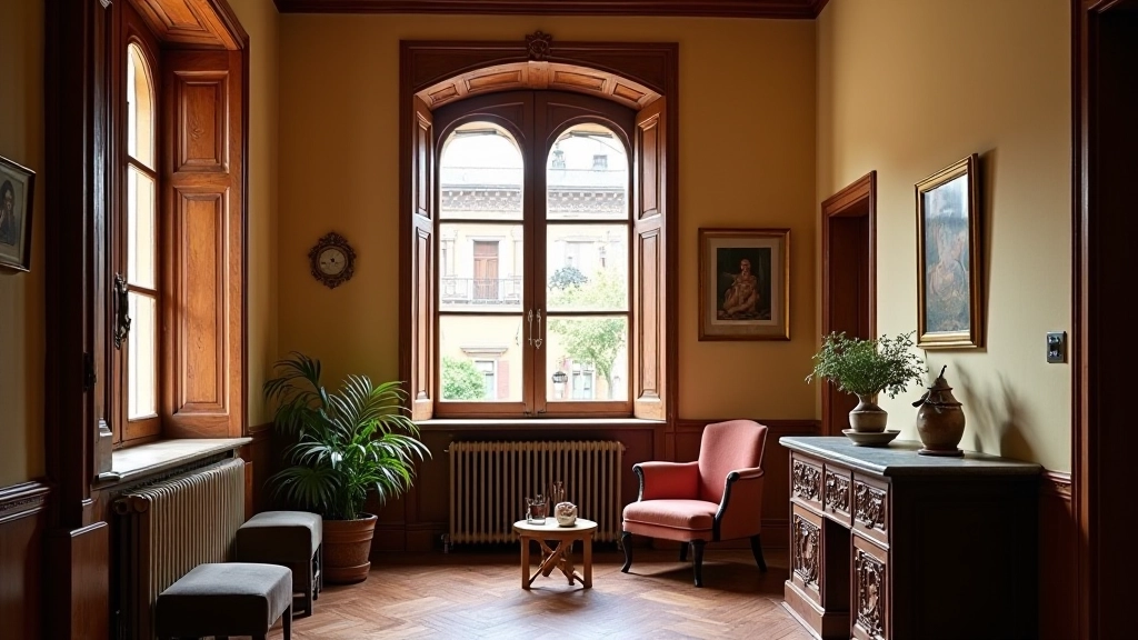 Interno di un'abitazione fiorentina con dettagli architettonici rinascimentali, cornici in legno intagliato e finestre ad arco